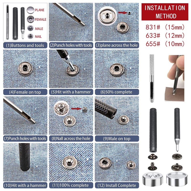 SEMINI 120 Set Leather Snap Fasteners Kit, 10/12.5/15mm Metal Button Snaps Press Studs with 4 Setter Tools, 4 Color Leather Snaps for Clothes, Jackets, Jeans Wears, Bracelets, Bags - Image 4